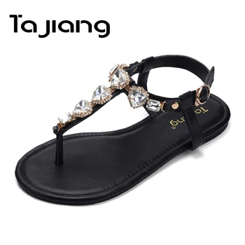

Ta Jiang Genuine Cow Leather Women Dress Crystals Sandals Summer Shoes Woman Gladiator Sandals Ladies Girls Beach Flat Sandals