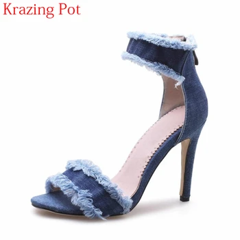 

2018 New Arrival Denim Tassel Brand Summer Shoes Nightclub High Heels Women Sandals Peep Toe Party Zipper Office Lady Shoes L9f9