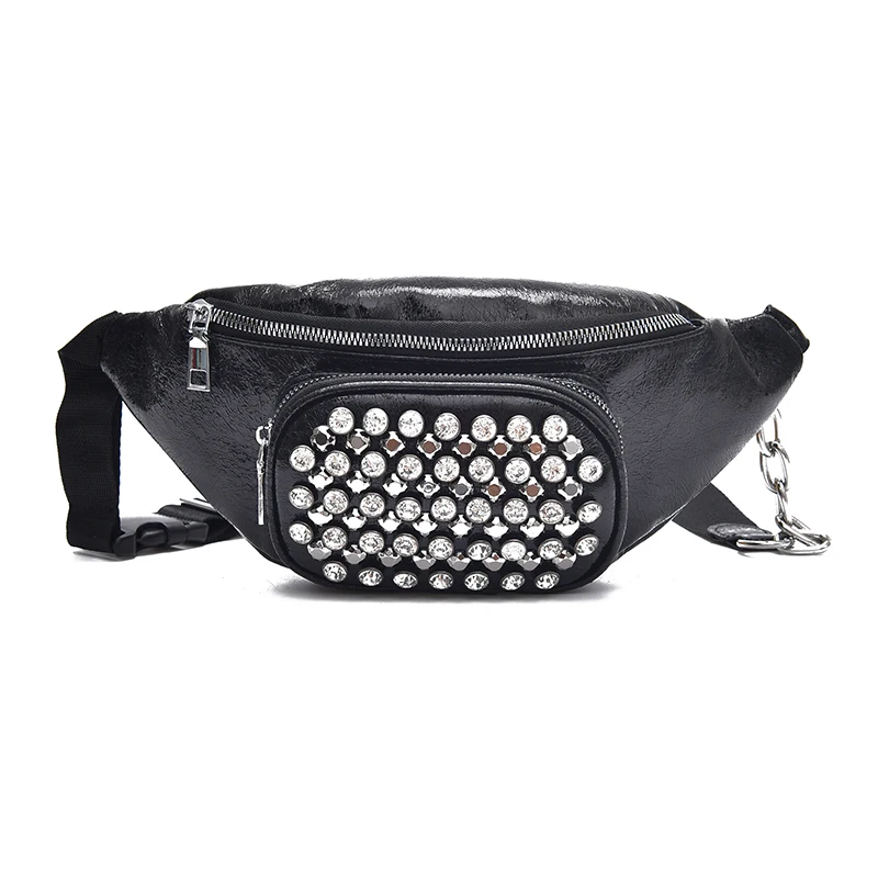Punk Fashion Silver Diamond Studded Women's Pu Leather Waist Bag Girl