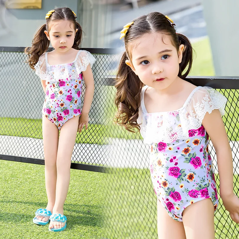 Lovely Girls Swimwear Floral Printed Children One Piece Swimsuit Off ...