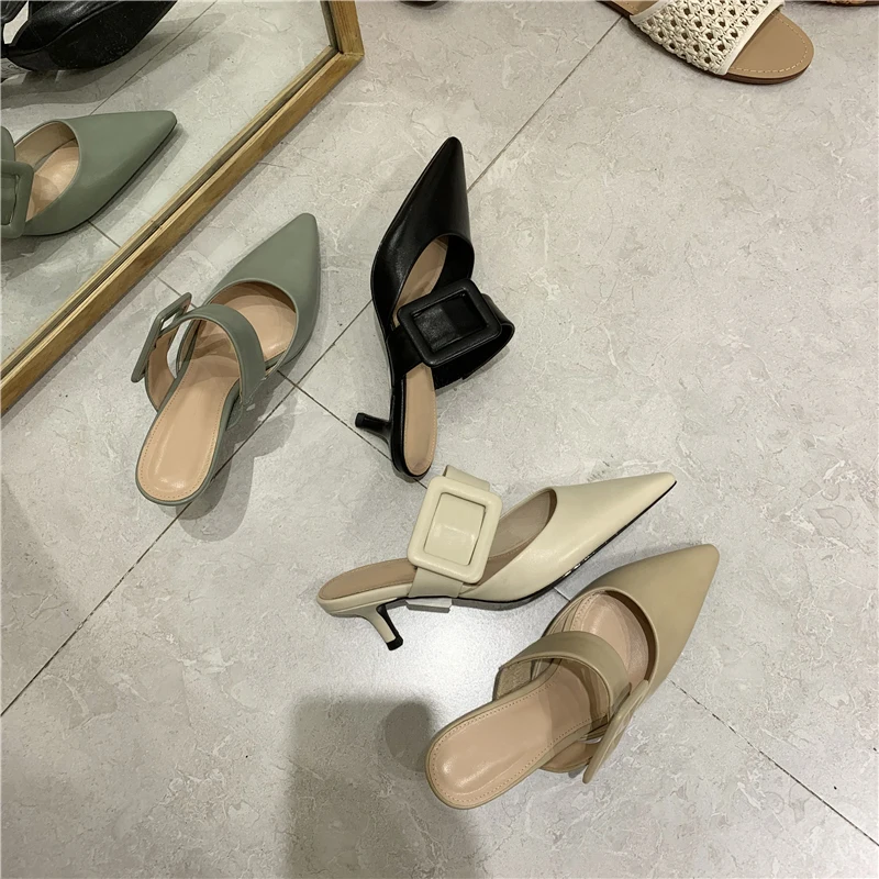 

Women Mule Slippers Spring Summer Pointed Toe Buckle Design Mid Heel Shoes Half Slippers Shoes Footwear Women Slippers 2019