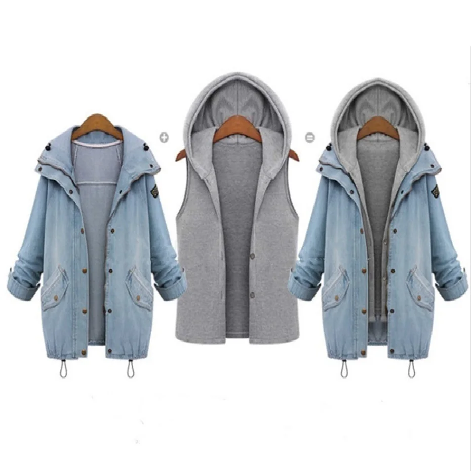Outwear Nouvelle Manteau Longues Sweat Veste Manches 2 Taille Plus À Coton Costume Femmes Pièce Capuche Denim La Casual Bleu Hiver pwxfEf68q