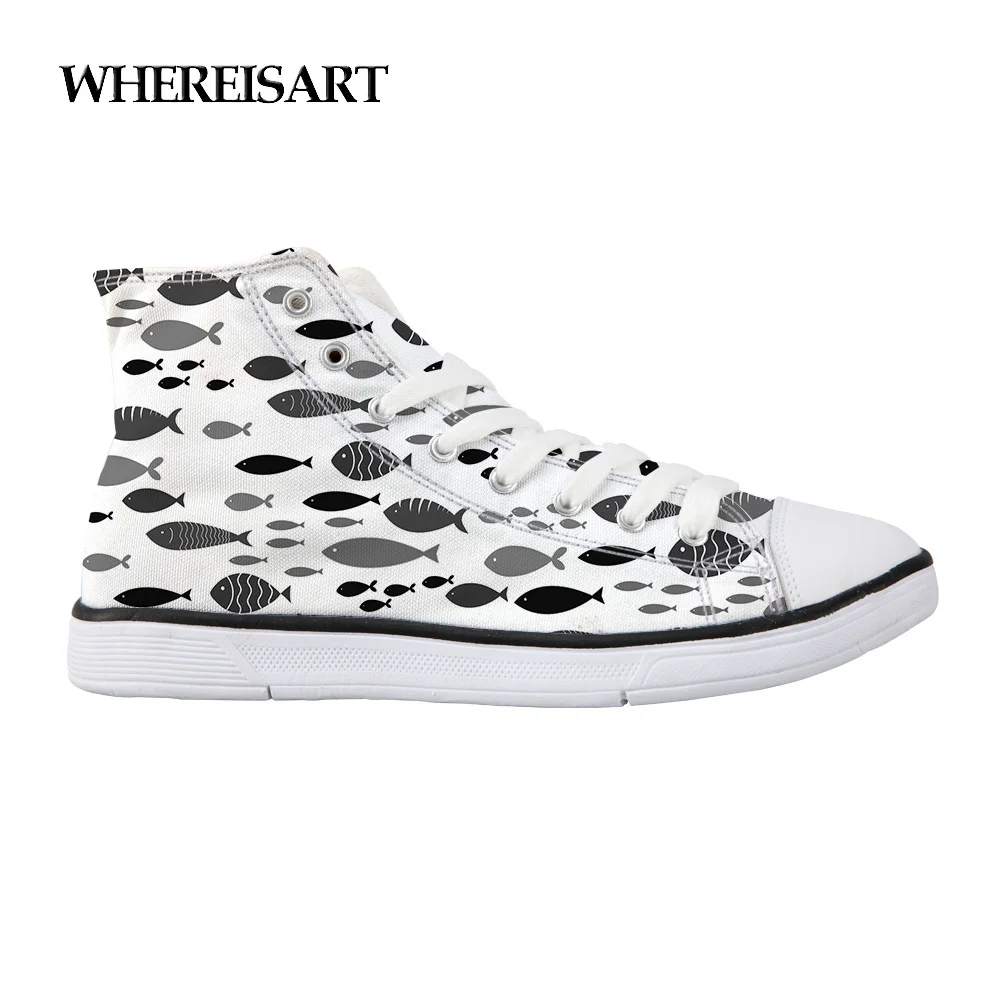 

WHEREISART Mens Black Fish Designer Sneakers Lace Up Sewing Flats Shoes High Top Men Shark Print Vulcanize Shoes For Teen Boys