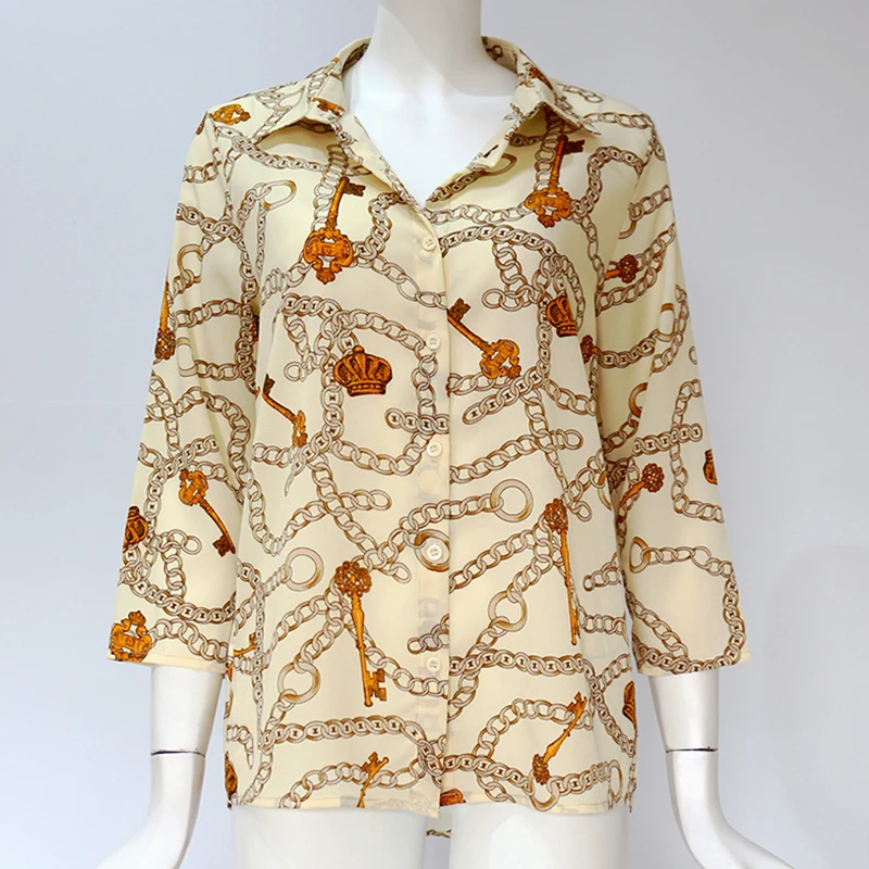 Женские блузки с цепочкой, летняя шифоновая блузка с отложным воротником, Офисная Повседневная рубашка свободного кроя, топы, шифоновые блузы, большие размеры