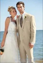 Newest Custom Made Two Button Groom Tuxedos Beige Best Man Notch Lapel Groomsman pocket notch lapel grid one button coat