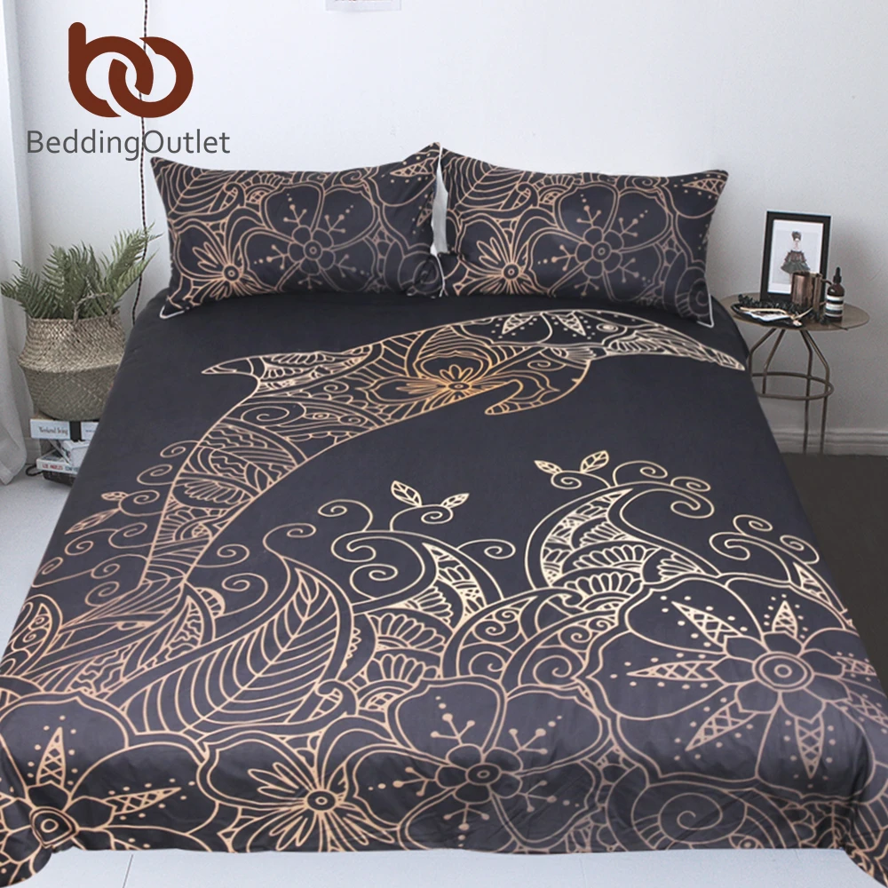 

BeddingOutlet Golden Dolphin Bedding Set Queen King Bohemian Duvet Cover Plum Flower Bed Set Animal Print Bedclothes 3pcs