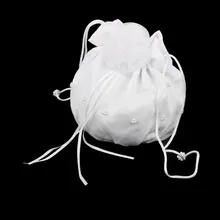 White Bridal Bridesmaid Satin Flower Decorated Dolly Bag Handbag Wedding Flower Girl Basket Rhinestone Decor