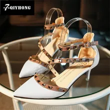 Spring And Summer Autumn Pointed High-Heeled Shoes Hollow Slipper Sandals Rivets Word Buckle Women’S Shoes QIYHONG Brand
