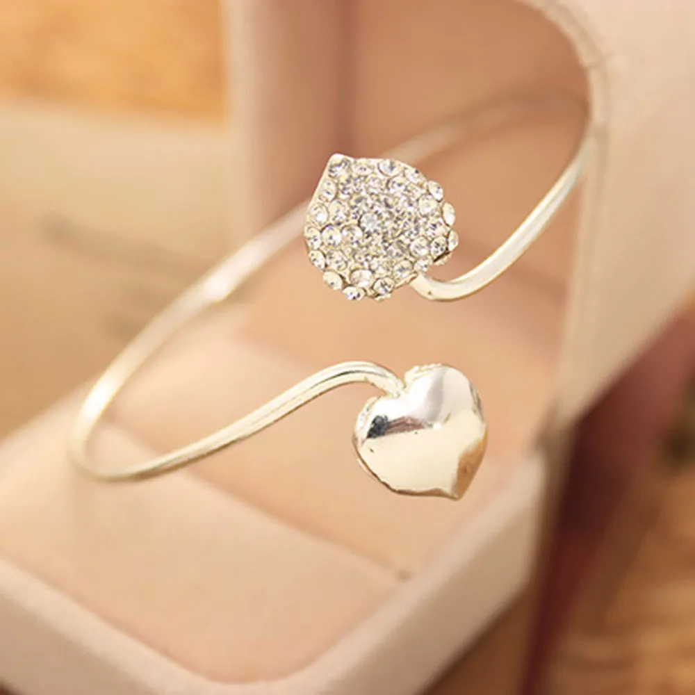 10 piece/lot Open Bangle Silver Crystal Double Heart Love Cuff Bracelet Adjustable Women Cubic