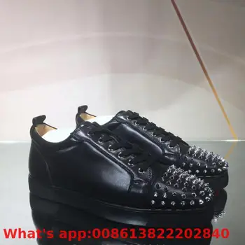 

Luxury Lace Up Black Leather Red Bottoms Shoes Low Cut For Men Leisure Silver Rivet Front Casual Models Flat Loafers