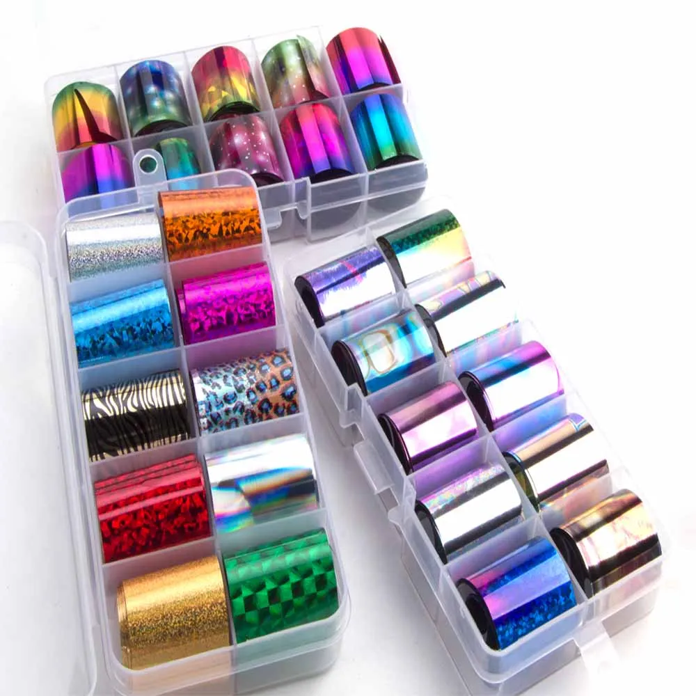 

10 Rolls / Box Holographic Nail Foil Set 2.5*100cm Gradient Transparent AB Color Transfer Sticker Manicure Nail Art Decoration