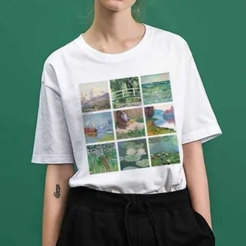 

HAHAYULE -JBH Vintage Monet Art Oil Painting Women TShirt New Summer Fashion Soft Grunge Aesthetic Printed O-Neck Cool Harajuk