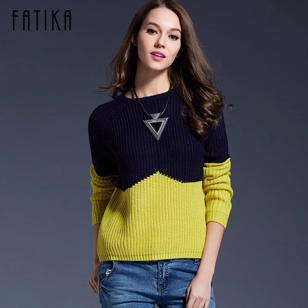 

FATIKA 2017 New Women's Pullover Long Sleeves O-neck Patchwork Color Block Sweaters Casual Thick Autumn And Winter Knitted Top