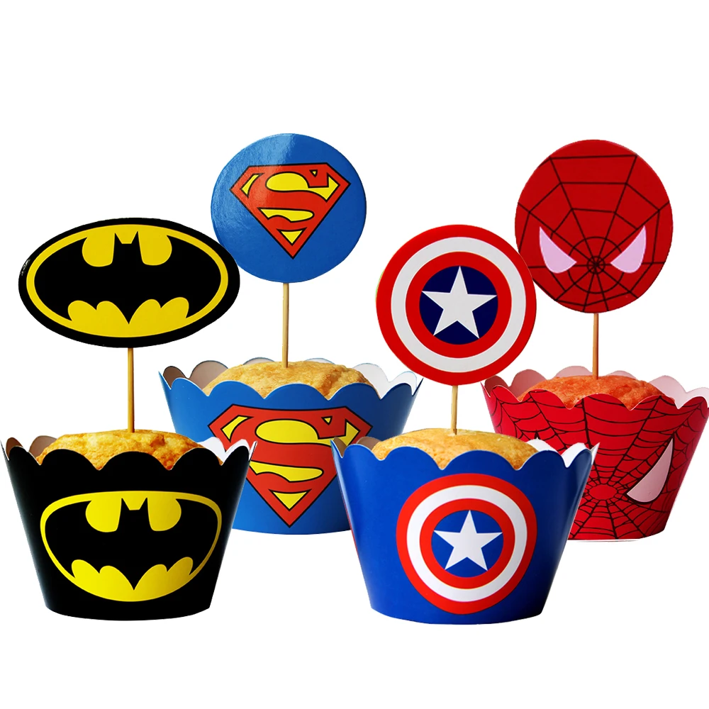 12 Unidades Vengadores Spiderman Batman etiqueta de papel de la magdalena wrappers y toppers para niños