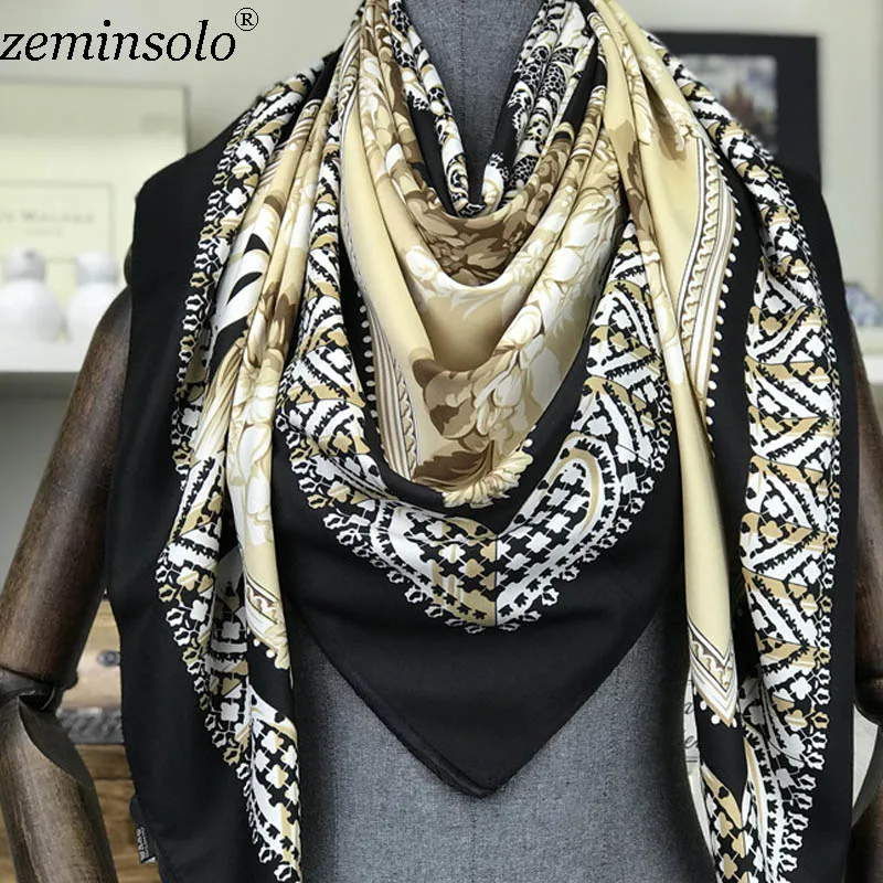 Шейный шарф, шаль для женщин, цветочный принт, бандана, твил, шелковые шарфы, квадратный платок, фулярды, женский шарф, хиджаб, палантин, 130*130 см - Цвет: Черный
