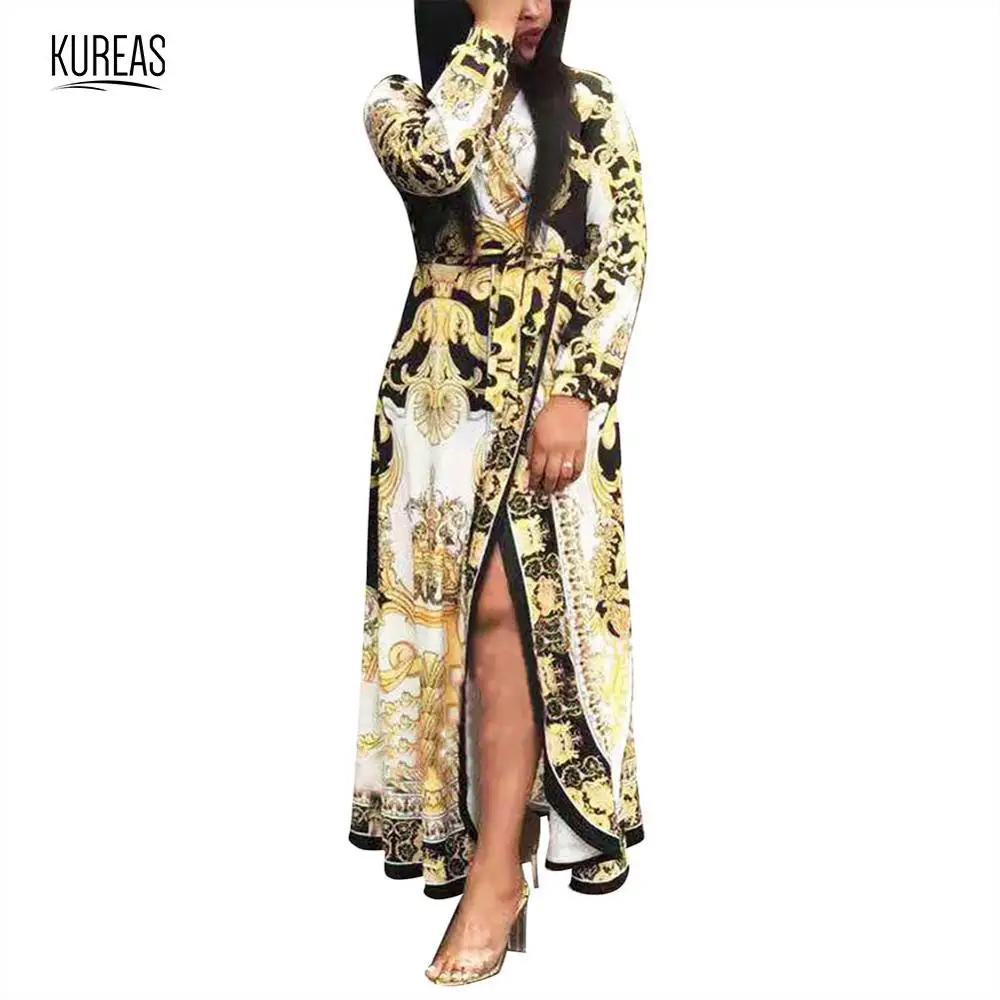 

Kureas African Clothes Split Sexy Dresses for Women Dashiki Digital Print Maxi Dress with Belt Free Size