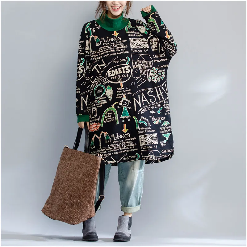 

Plus Size Autumn Winter Thickening Long Sweatshirt Dress Ladies Female Vintage Loose Turltleneck Letter Print Sweatshirt Tops