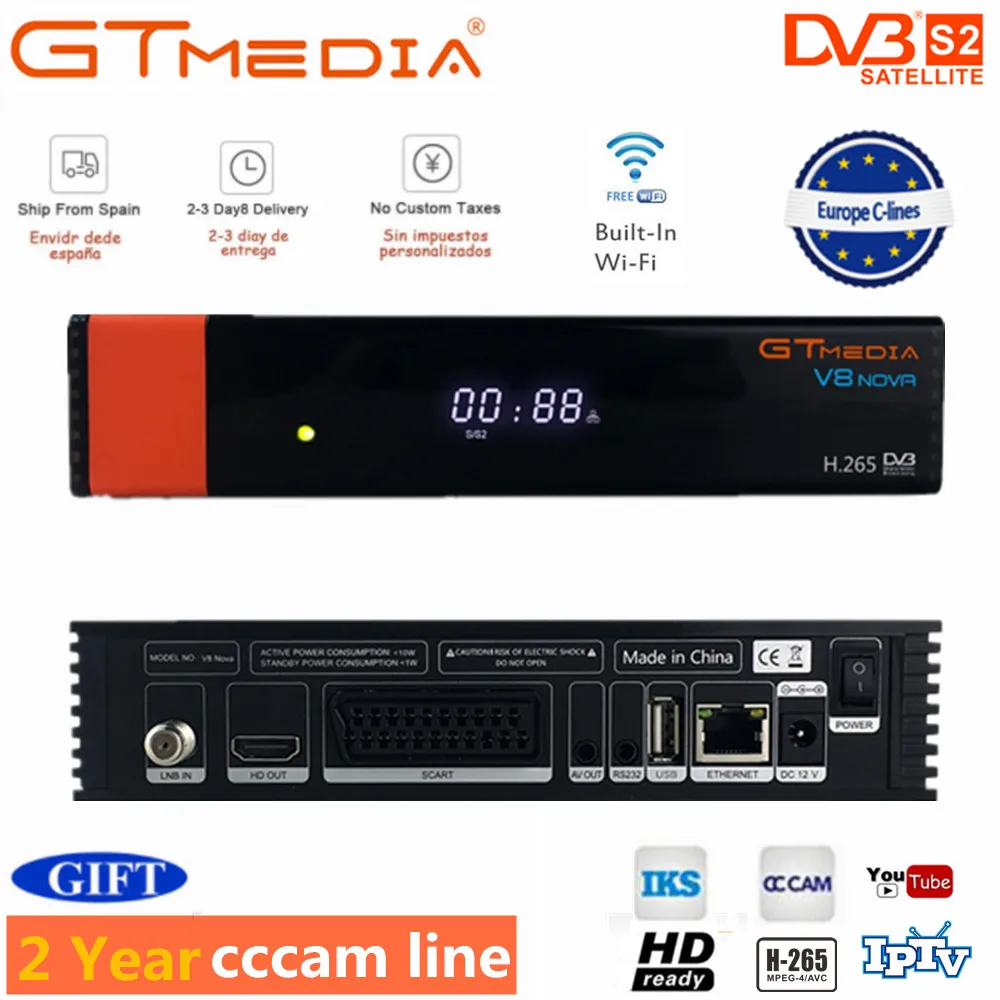 

Gtmedia V8 Nova Satelite Receiver built-in WIFI power by freesat v8 DVB-S2 1 year Cccam 7 line 1 year TV window same as V9 super