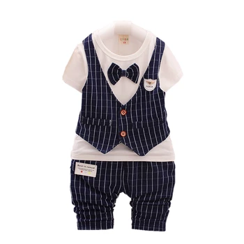 

Children Boys Girls Fashion Garment Summer Baby Short Sleeve Fake Vest T-shirt Pants 2Pcs/Sets Kids England Style Clothing Sets