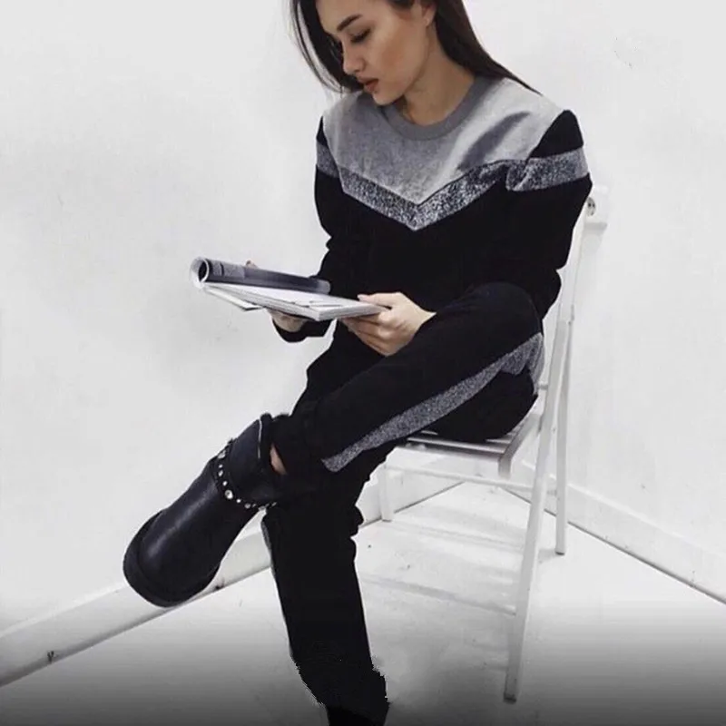 

2019 Spring Autumn Women Tracksuits Cotton V Pattern Stitching Long Sleeve Sweatshirt +Pants Two Piece Set Sporting Suit Female