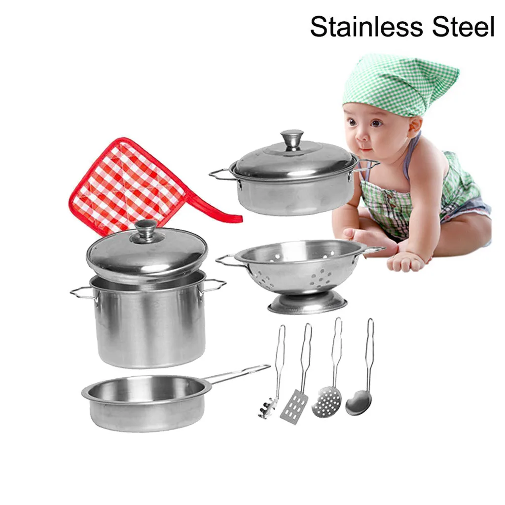

11Pcs Stainless Steel Kids House Kitchen Toys Cooking Cookware Children Pretend Play Kitchen Play set Cooking Cookware Gift