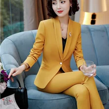 Осень-зима, модные желтые официальные блейзеры и брюки, комплекты для женщин, деловая рабочая одежда, брючные костюмы, женские брючные костюмы, OL стили