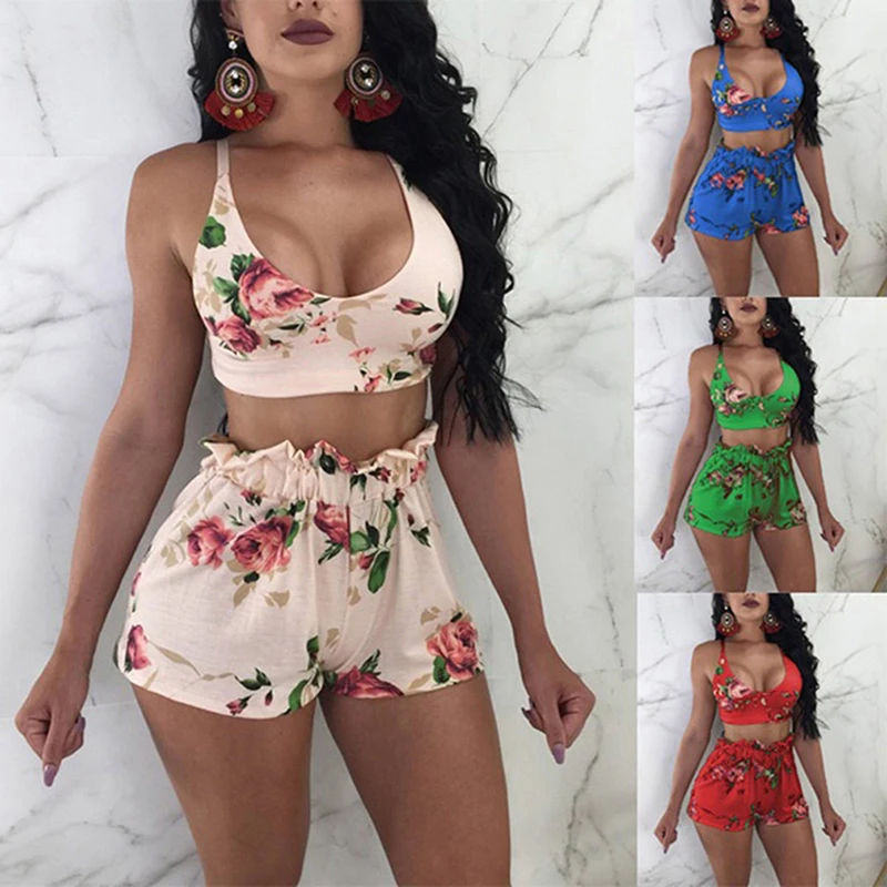 tie dye tracksuit set Women Summer Two Piece Set Floral Sleeveless Crop Top Shorts Outfits Summer Casual Female Set Beach Club Clothes womens suit set