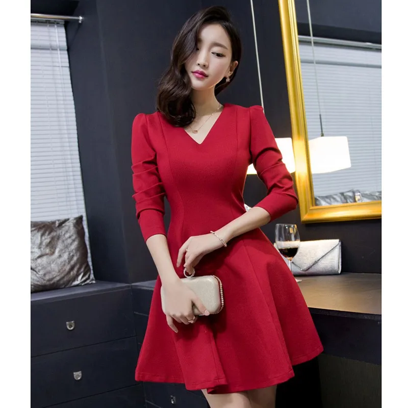 

Autumn Korean Version Slim Long Sleeve Sweet Dress V-Neck Empire Waist Solid A-Line Mini Dress