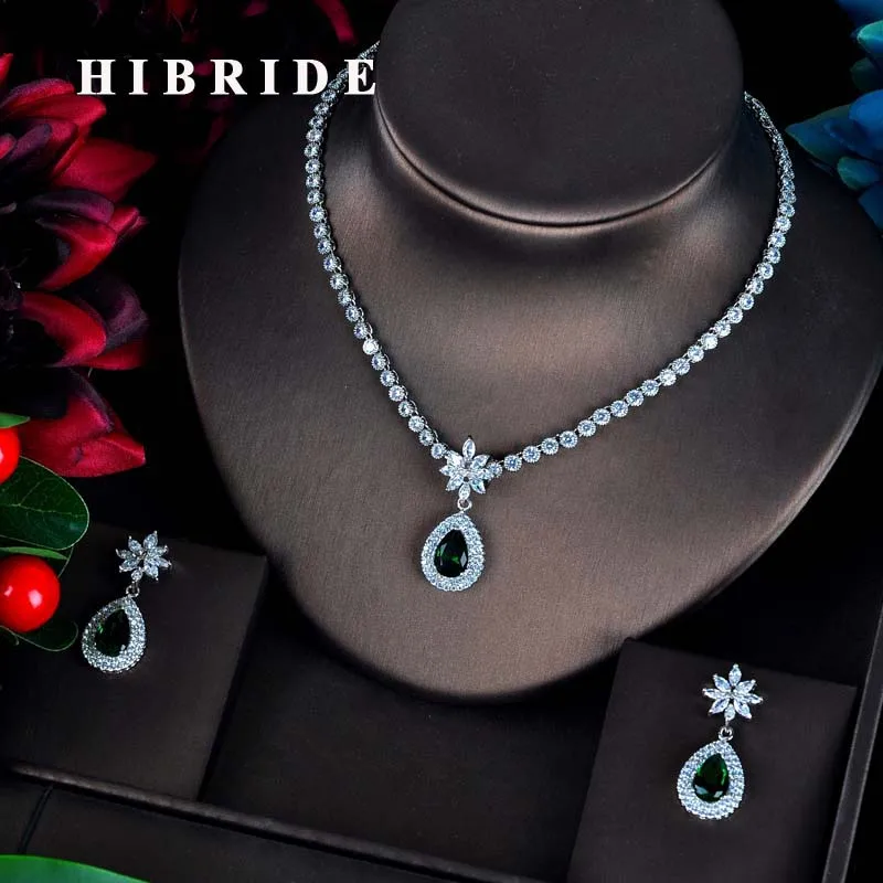 

HIBRIDE Luxury Green CZ Jewelry Sets For Women Water Drop Necklace Earrings Bijoux Set bijoux mariage Wedding Gifts N-594