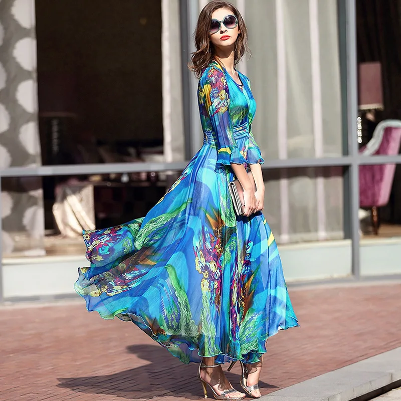 

Women Real silk Dresses Plus size Pleated Dress Colorful Bright Print Vintage Elegant High waist style For Party 2019