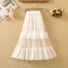 1653 Лето длинная Тюлевая юбка для женщин эластичная талия высокая 3D кружевная Цветочная Женская сетчатая юбка прозрачная Инди фолк стиль