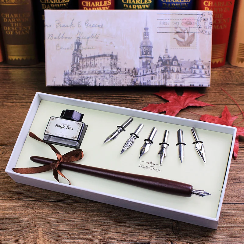 FEATTY Retro Italy Style Quill Dip pen Art Calligraphy Writing Wooden Pen set