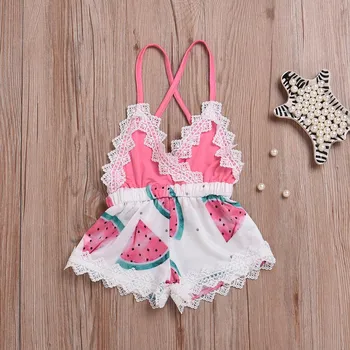 

Infant Baby Girls Romper Watermelon Print Lace Strap Jumpsuit Outfits Clothes Summer Fashion Cute Costumes For Babies Girls