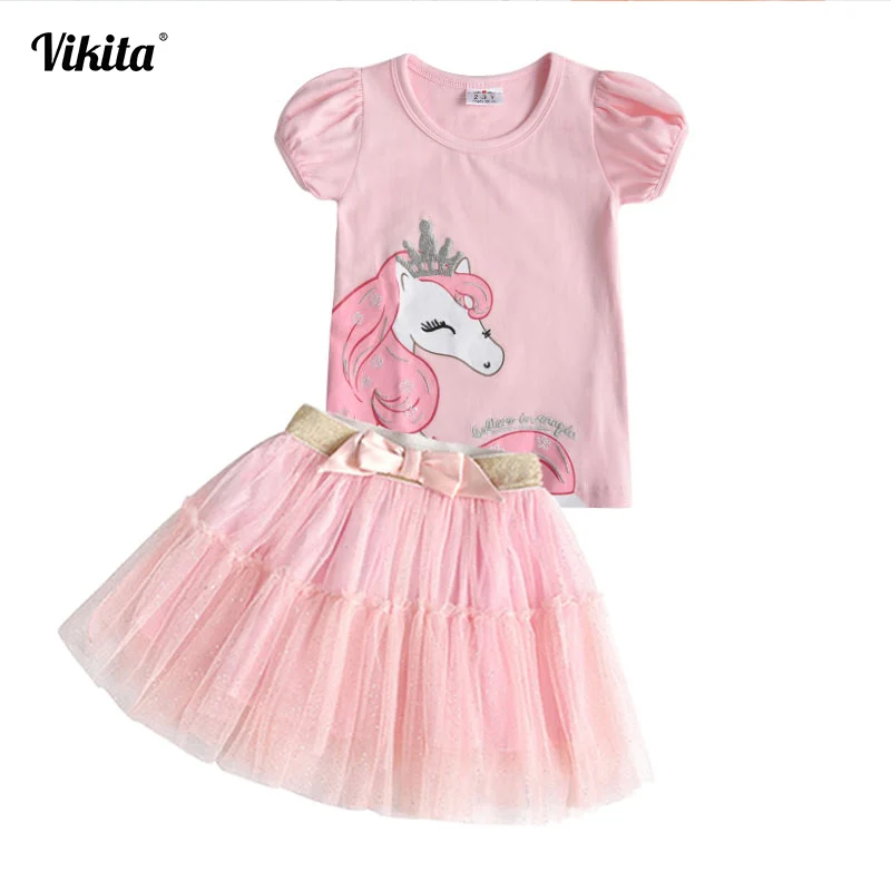 Tanie VIKITA Girls odzież ustawia 2019 letnia marka dzieci ubrania jednorożec z krótkim rękawem T Shirt + Tutu sukienka 2 sztuk maluch sukienki dziecięce