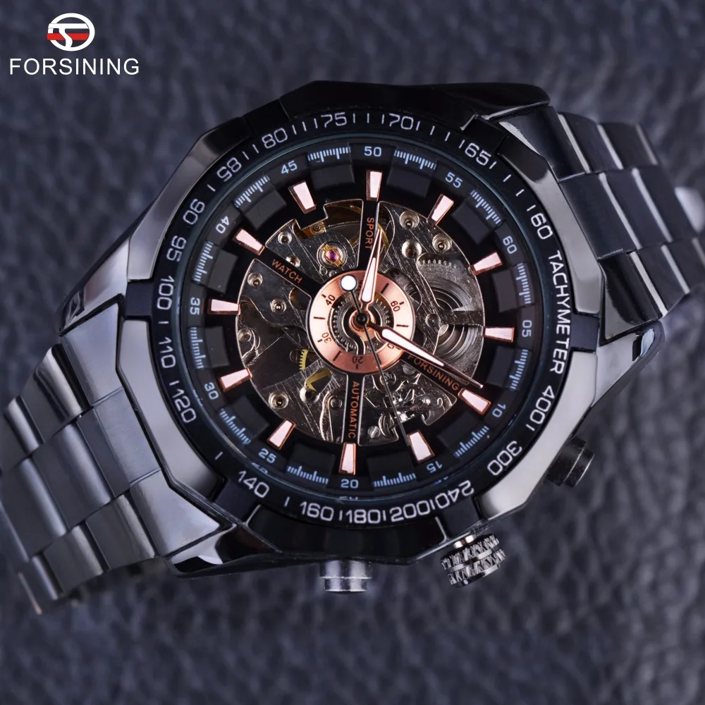 Sport Racing Series Skeleton Stainless Steel Black Golden Dial Watches Men Automatic Watch Clock Men Forsining