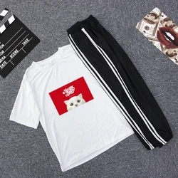 Fashion Cartoon Cotton Women Casual Sportswear Lovely Kitty Printed Tshirt Suit Femme Fitness Running Sportswear Workout Sets Fashion Cartoon Cotton Women Casual Sportswear Lovely Kitty Printed Tshirt Suit Femme Fitness Running Sportswear Workout Sets