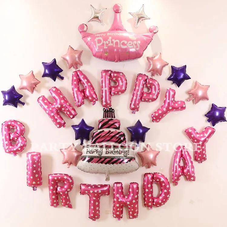 29pcs lot pink foil ballons baby happy birthday balloons cake silver