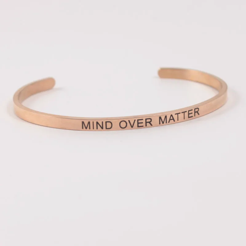 

Rosegold 4MM"MIND OVER MATTER" Stainless Steel Engraved Positive Inspirational Quote Cuff Mantra Bracelet Bangle