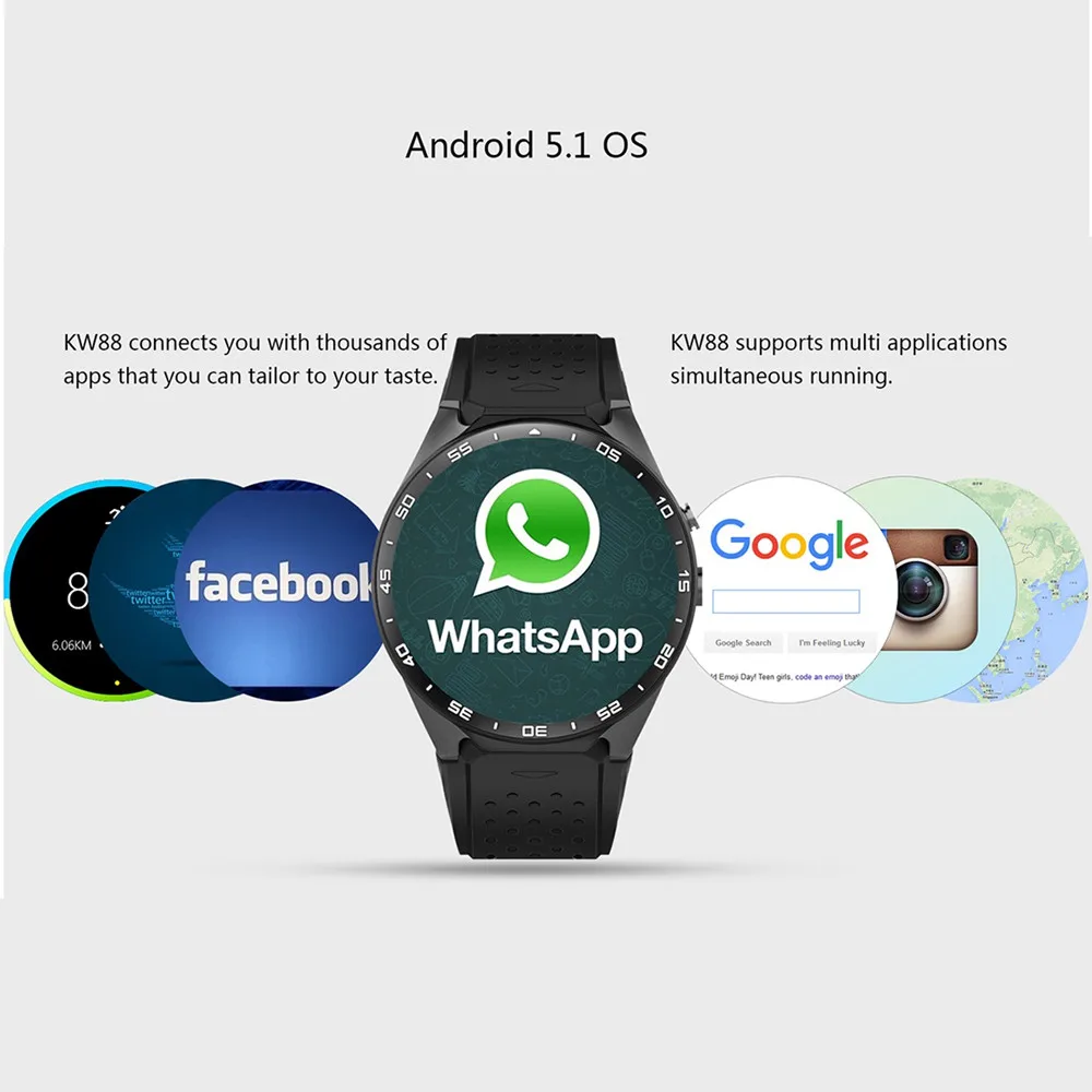 KingWear KW88 Android 5,1 1,39 ''экран 3g Smartwatch телефон MTK6580 четырехъядерный 512 Мб 4 ГБ gps Шагомер Смарт часы мужские