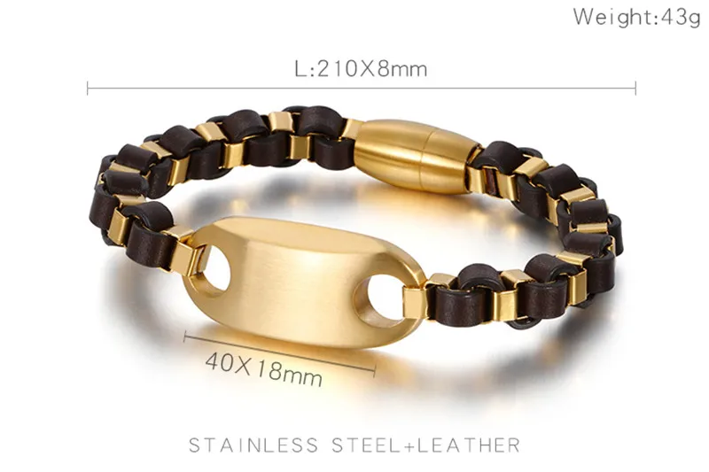 Kalen, итальянский, золотой цвет, кожаные браслеты для мужчин, модные, нержавеющая сталь, 22 см, дешевые, плетеные, кожаные браслеты, бижутерия - Окраска металла: KB111416-JR