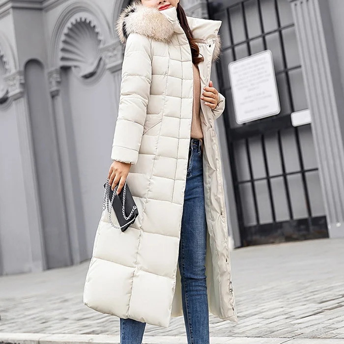 Женское зимнее длинное пальто с капюшоном, парка, длинный рукав, карман, пуговица, с поясом, на молнии, женская теплая Толстая куртка размера плюс 3XL - Цвет: Белый