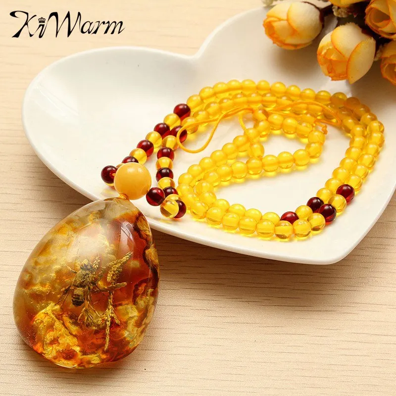

KiWarm Exquisite Insects Amber Pendant Gemstone Natural Small Bee Inclusion With Beeds Necklace Ornaments Birthday Gift Crafts