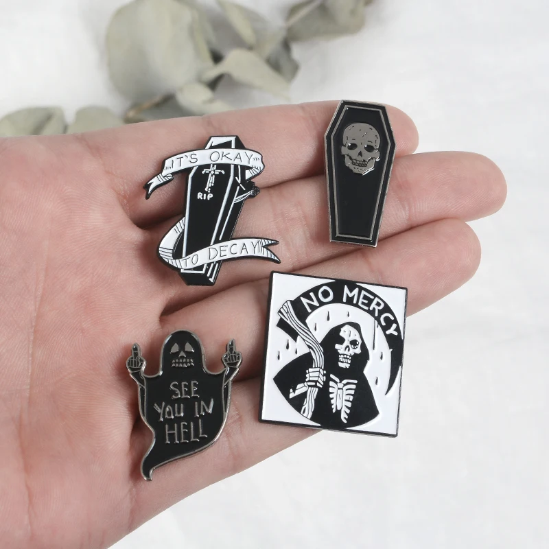

Skull Pin Coffin Enamel pins Devil Brooches Skeleton Lapel pins Dark Punk Pins Collection Brooches for men women