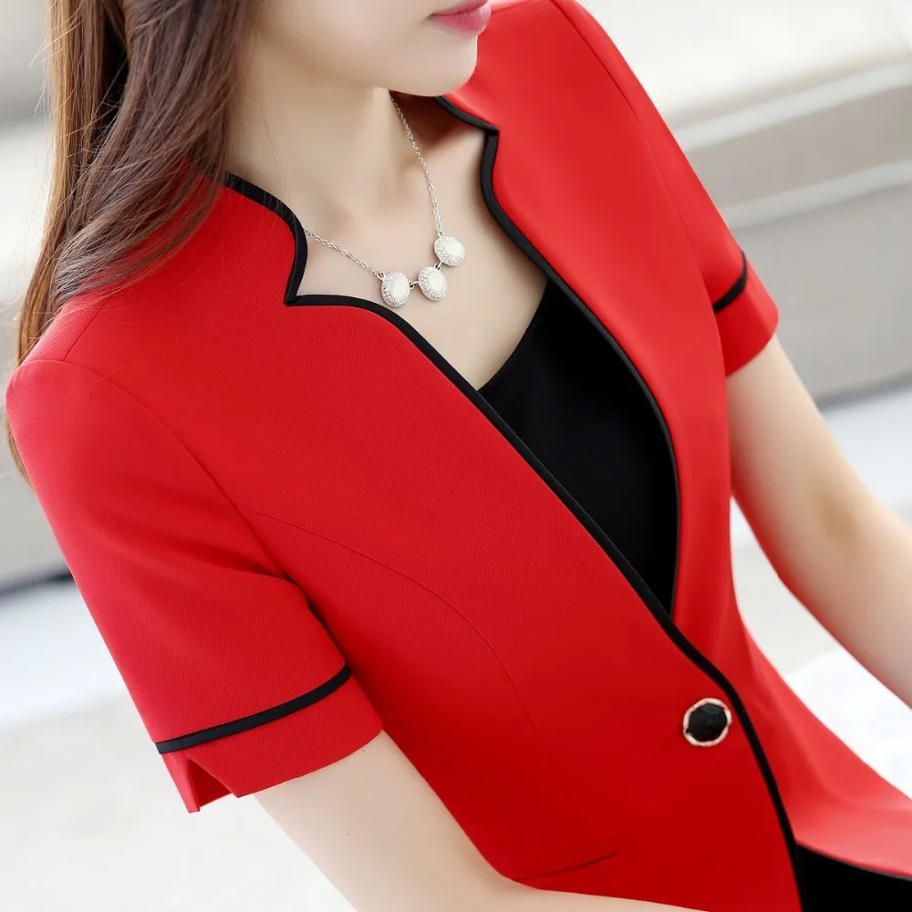 Новинка, летний женский Тонкий деловой блейзер с коротким рукавом, OL модный пиджак со стоячим воротником, Офисная Женская одежда размера плюс, одежда для работы, красный, черный