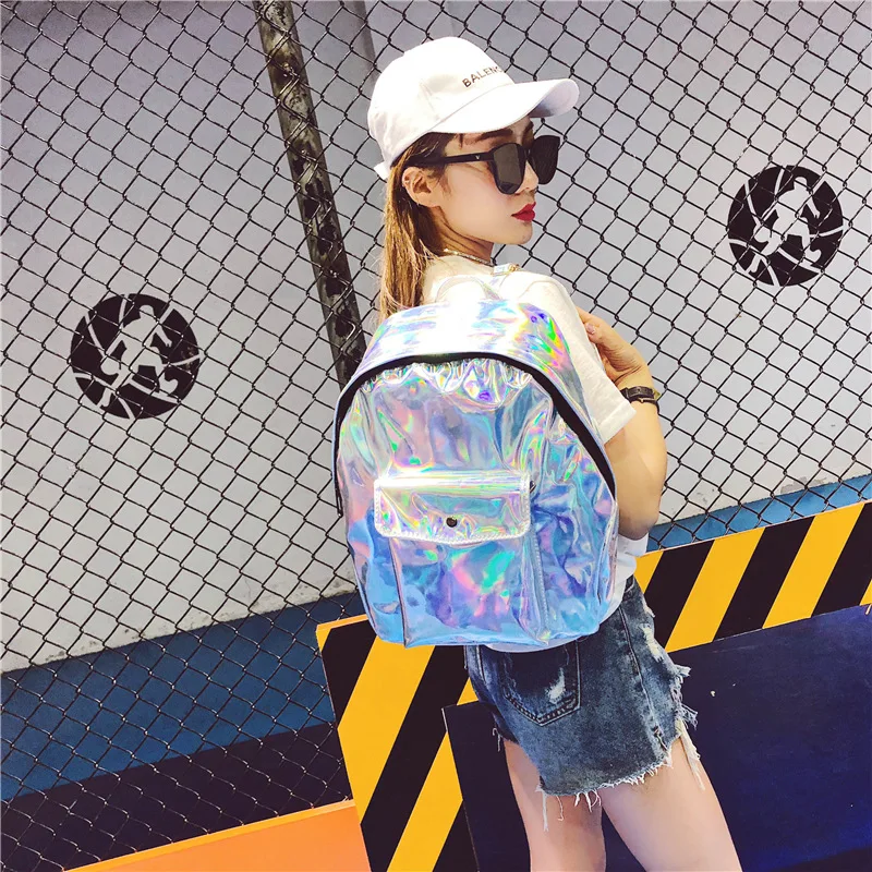 

Harajuku Laser Women's Backpack Large Capacity PU Leather Knapsack for Teenager Girls Candy Color Travel School Bag Students Sac