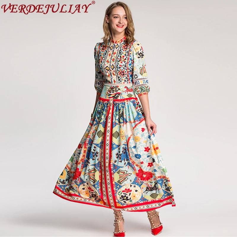 

Ethnic Long Dresses New 2019 Summer Women Fashion Flowers Print 3/4 Lantern Sleeve Ankle-Length Hot Sale Popular Dress