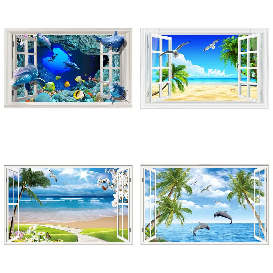 

Beautiful Sky Tropical Ocean 3D Window View Blue Sea Home Decor Wall Sticker Creative Scenery Living Room Office Decals Stickers