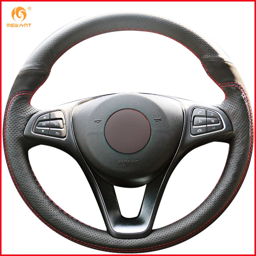 MEWANT Black Genuine Leather Black Suede Car Steering Wheel Cover for Mercedes Benz C180 C200