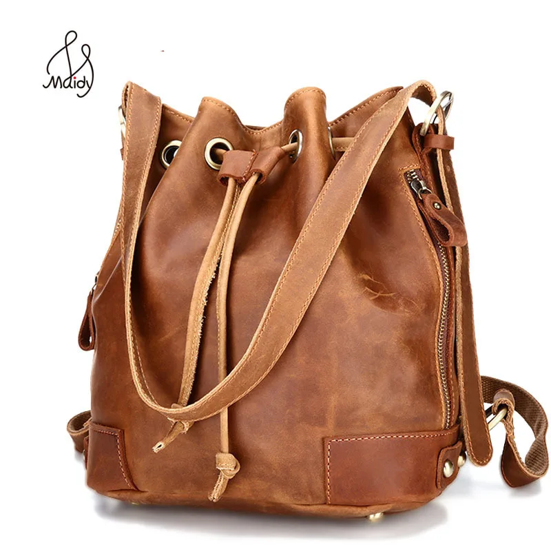 

Maidy Luxury Womens Ladies Barrel Shaped Bucket String Bag Genuine Leather Cowhide Crossbody Shoulder Handbag High Quality 2018