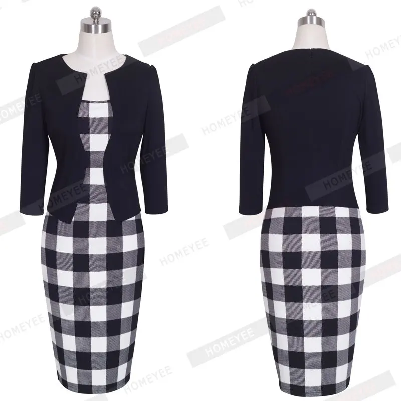 Женская Осень Элегантный Плед Деловых Платья Офис Карандаш Платье Colorblock